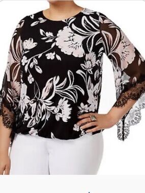 Alfani Blouse in Black with Pink Floral Design and Sheer Lace Trimmed Sleeves.